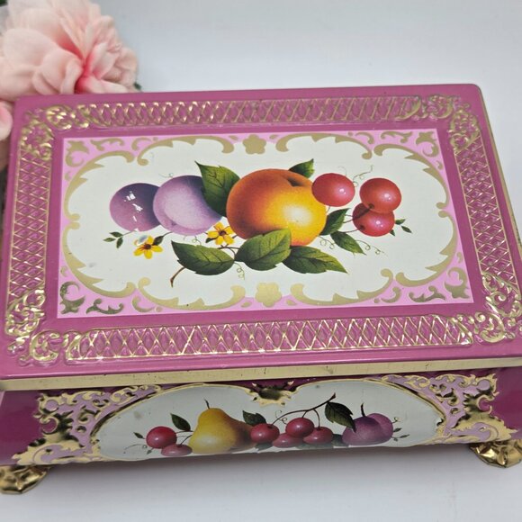 Vintage Metal Fricke & Nacke Tin Fruit Vanity Trinket Box Footed West Germany - Picture 2 of 15